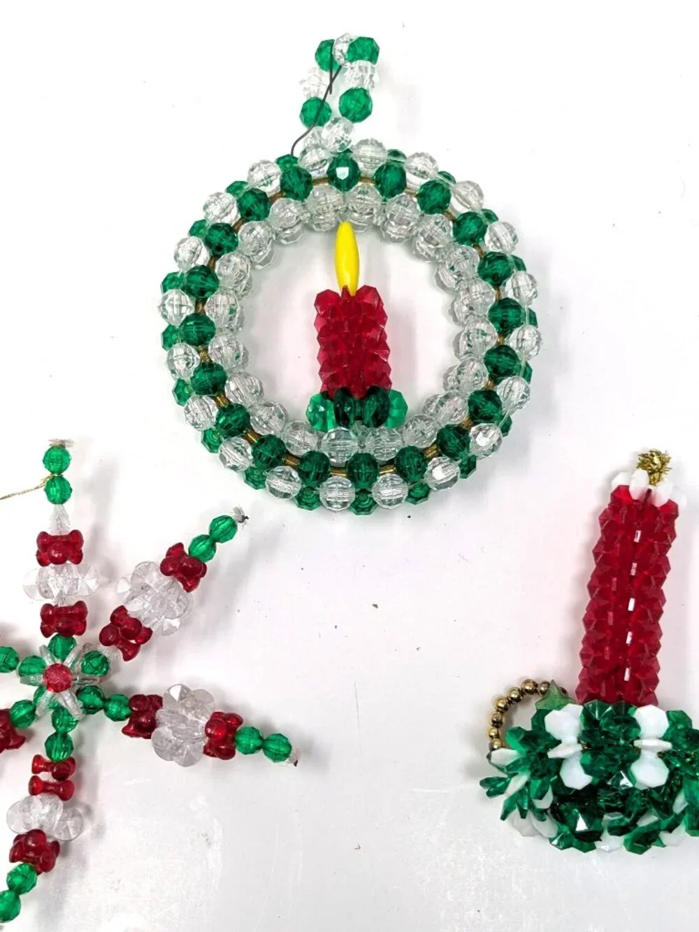 Vintage 1960's Handmade Beaded Craft Ornaments Set 3 Star Wreath Candle